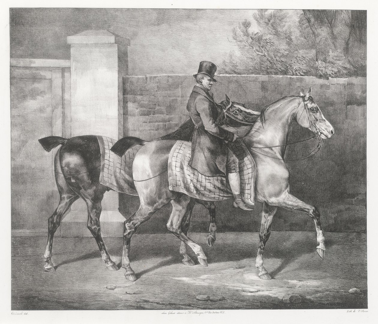 Två hästar som rids av en jockey (A Groom Exercising Two Horses) av Theodore Gericault