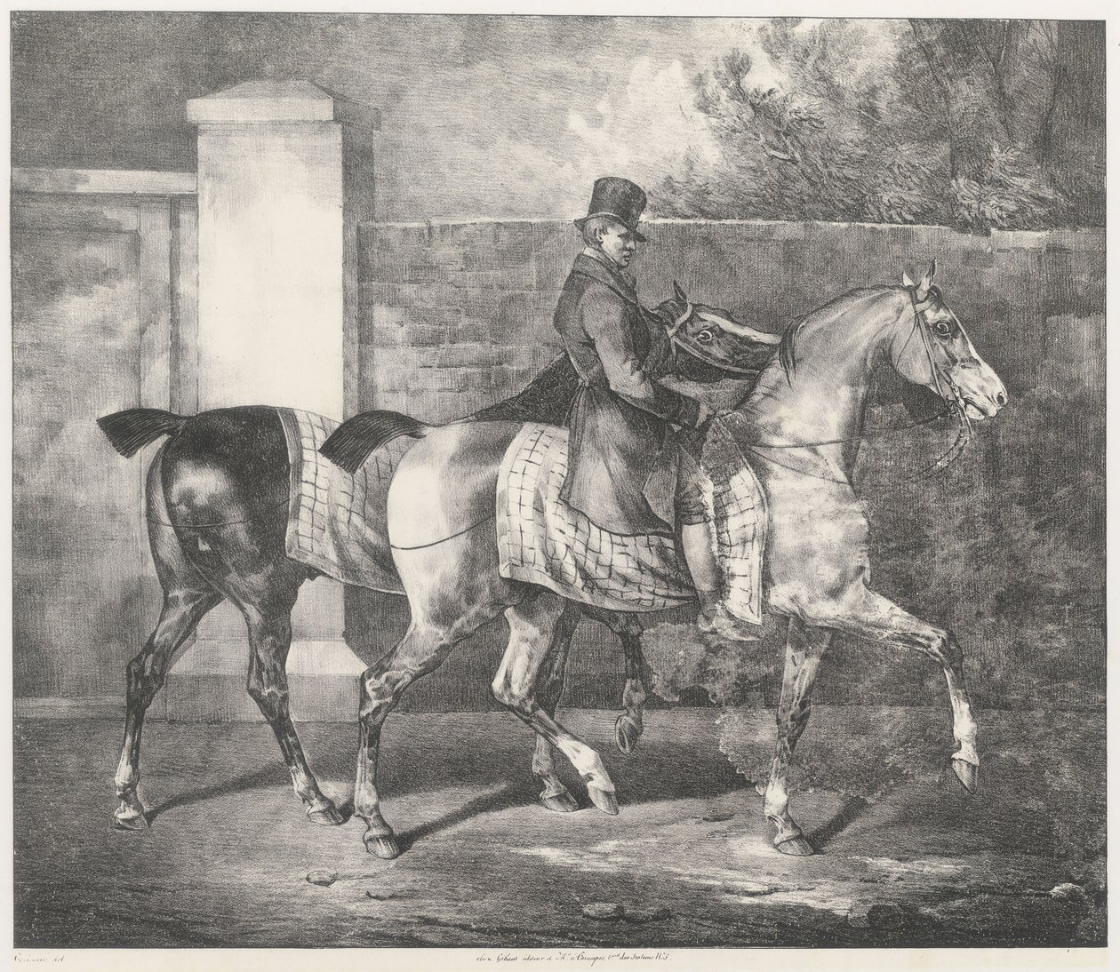 Två hästar som rids av en jockey (A Groom Exercising Two Horses) av Theodore Gericault