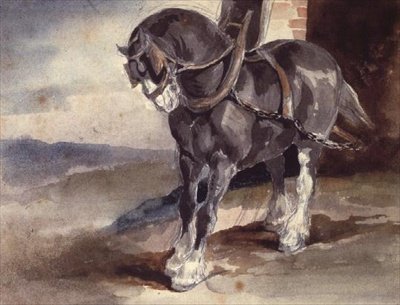 Häst vid ett hus (blyerts och akvarell) av Theodore Gericault