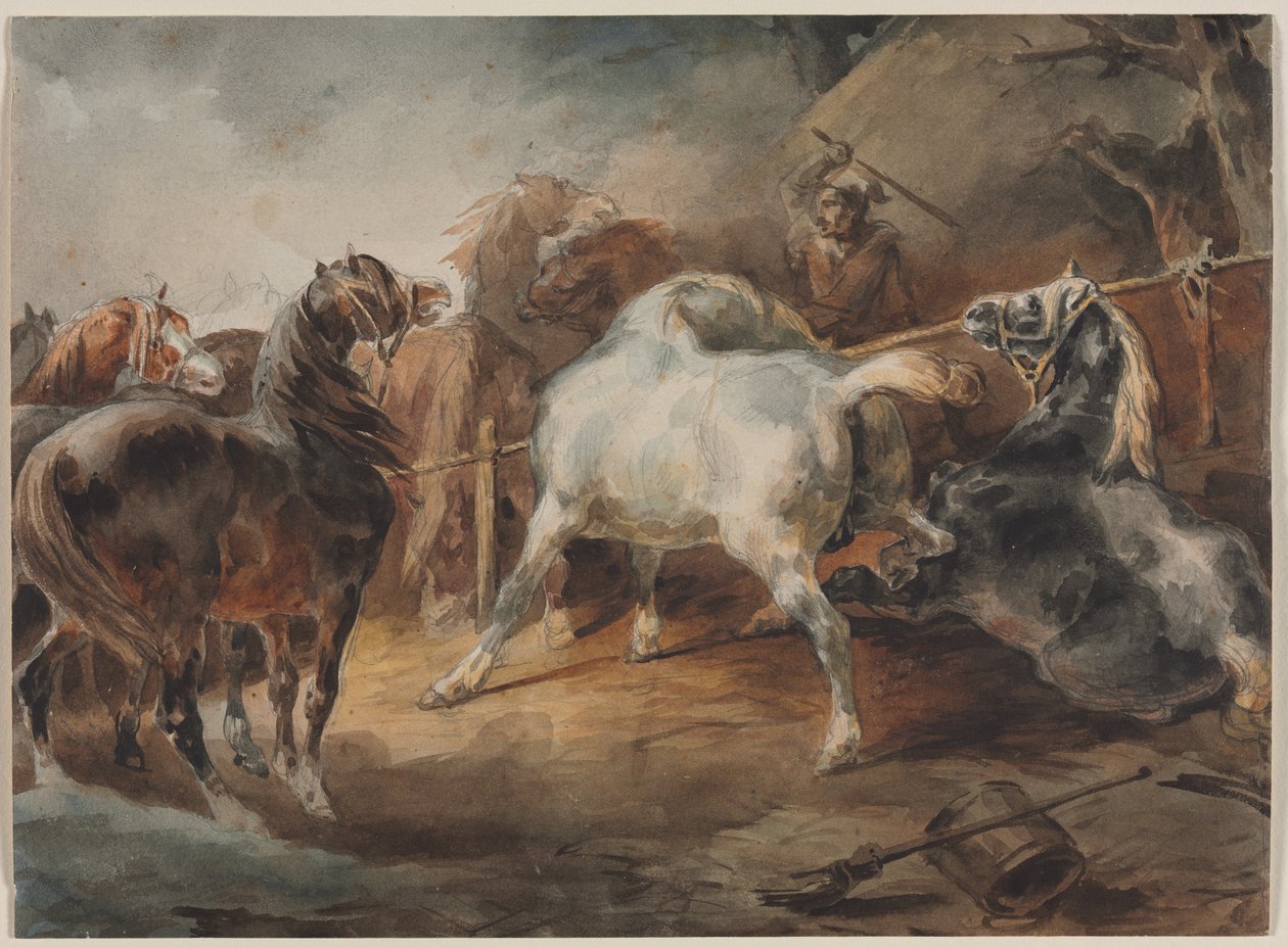 Fighting Horses, ca 1820 (akvarell över grafit på papper) av Theodore Gericault