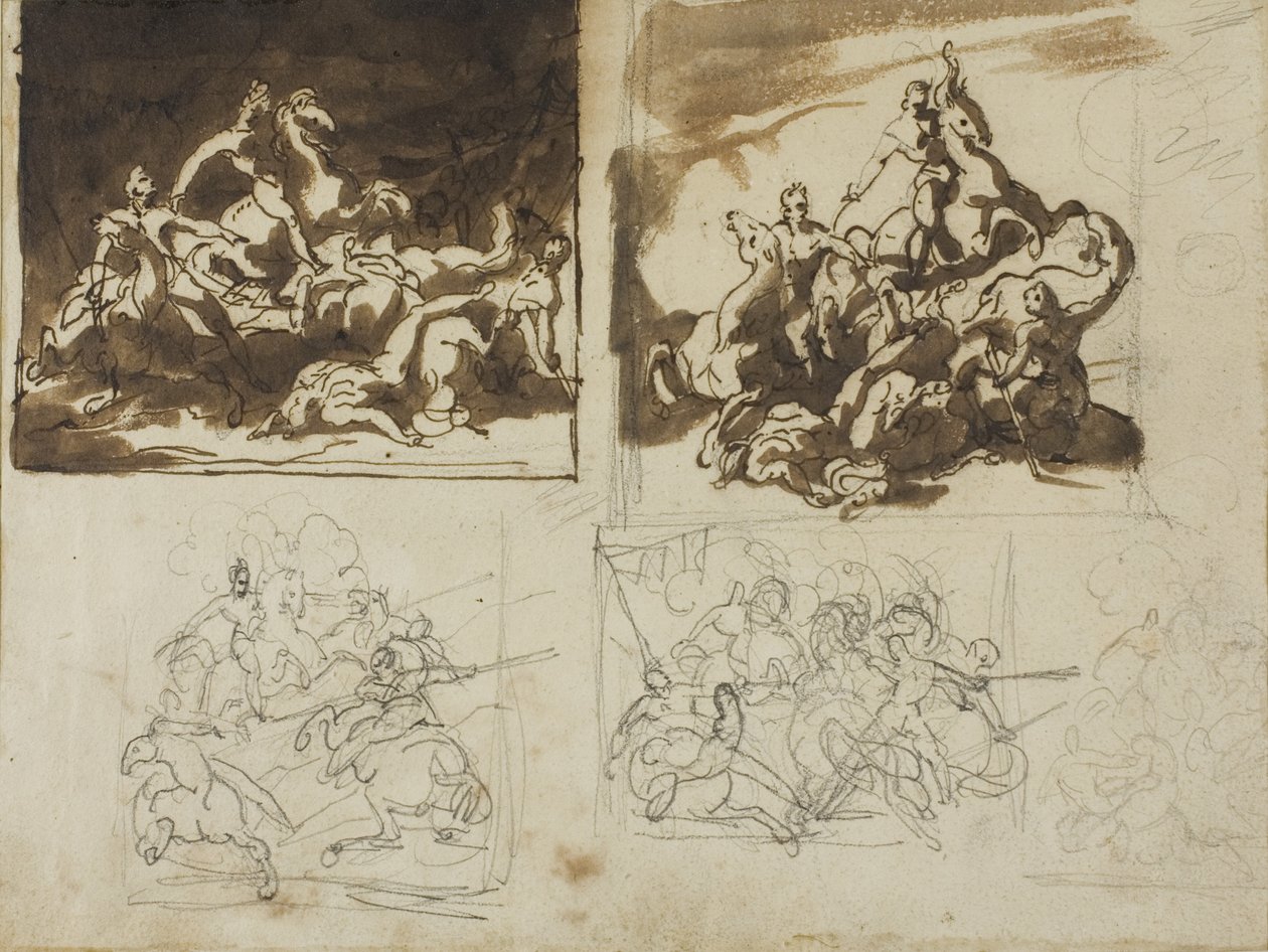 Fem skisser för en kavalleristrid, 1813-14 av Theodore Gericault