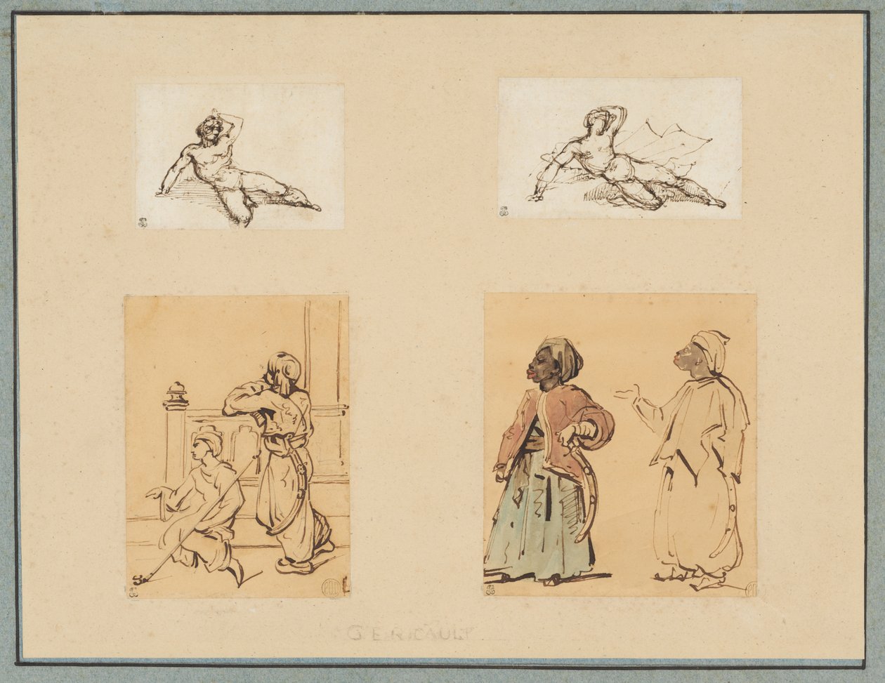 Fyra teckningar: Två liggande manliga nakenstudier och två studier av ottomanska figurer av Theodore Gericault