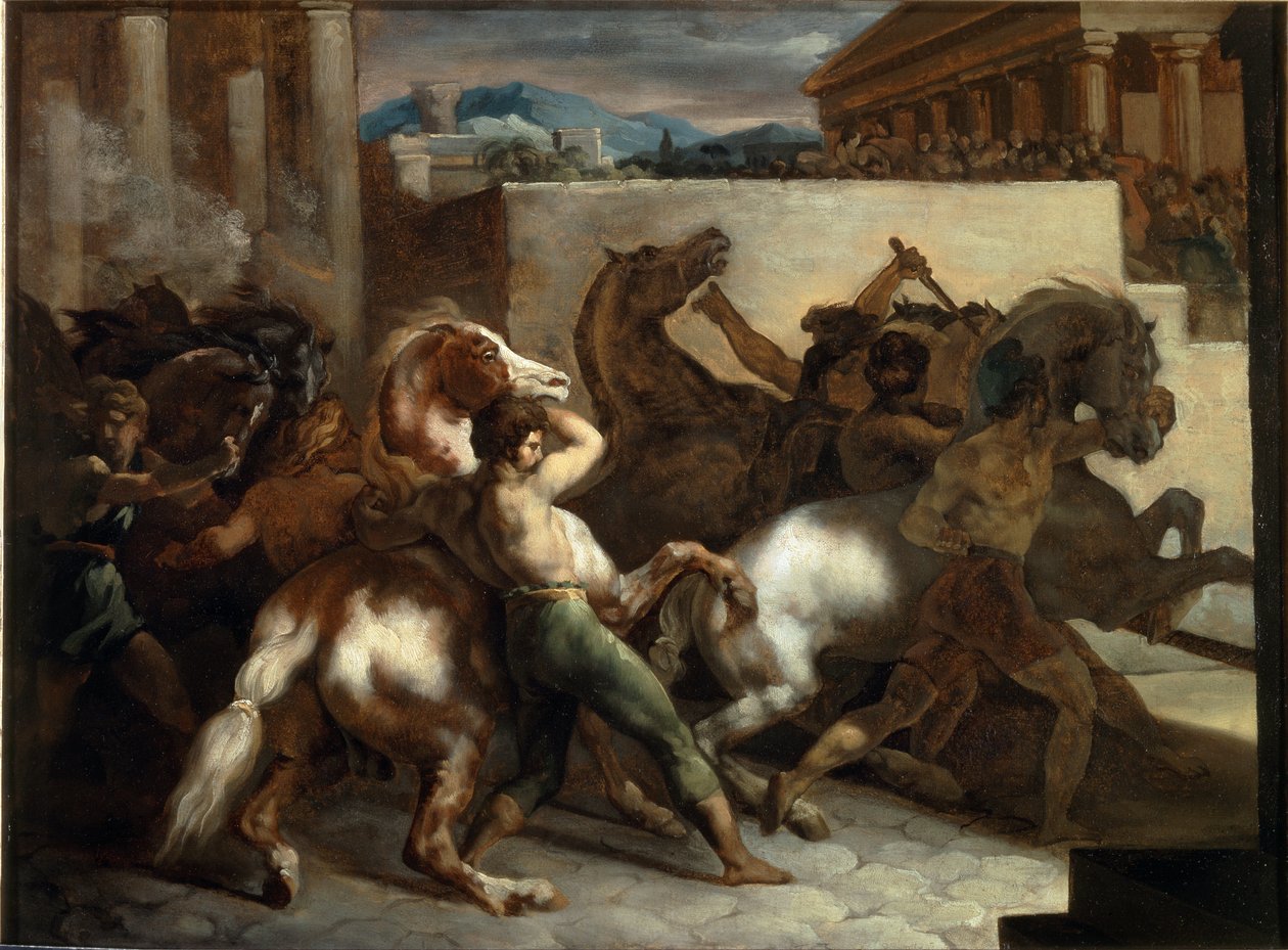 Gratis hästkapplöpning i Rom - olja på duk av Theodore Gericault