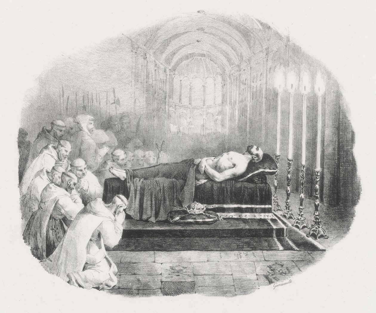 Vilhelm Erövraren, uppbäddad efter sin död i kyrkan i Boscherville (William the Conqueror Lying in State at the Church of the Abbey St. Georges de Boscherville) av Theodore Gericault