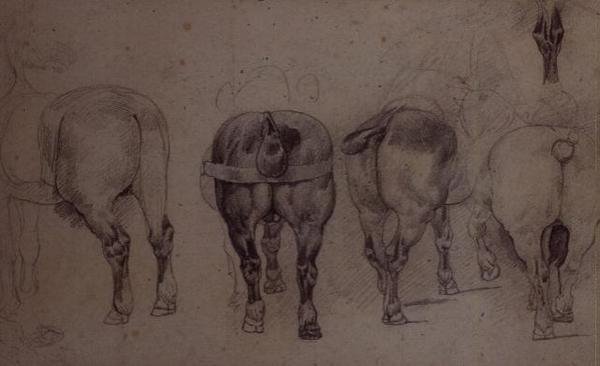 Spännade hästar (penna) av Theodore Gericault
