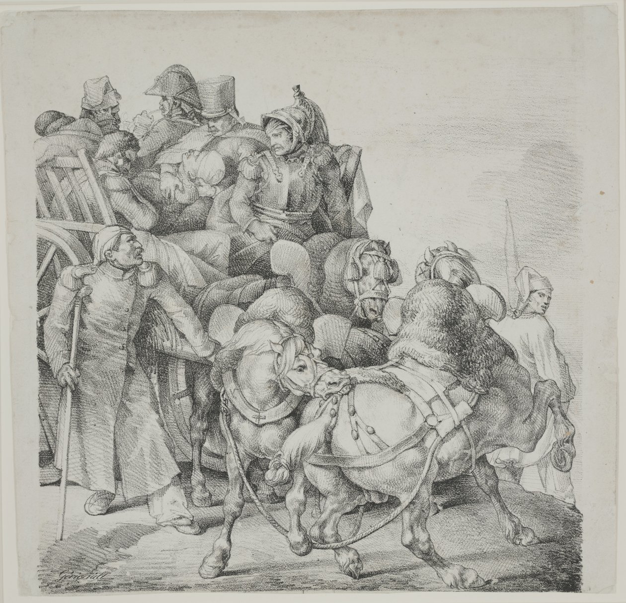 Hästdragen vagn full av sårade soldater, litografi av C. Motte av Theodore Gericault