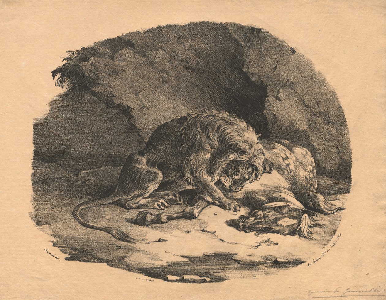 Häst slukad av ett lejon av Theodore Gericault