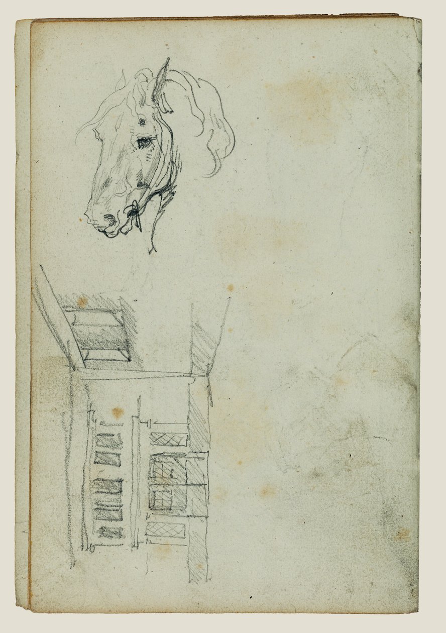 Hästhuvud, vy över en gårdsplan av Theodore Gericault