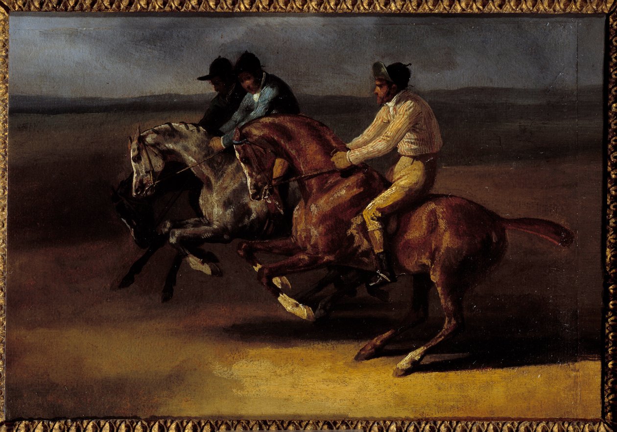 Hästkapplöpning går till vänster vid starttillfället Målning av Theodore Gericault (1791-1824) av Theodore Gericault