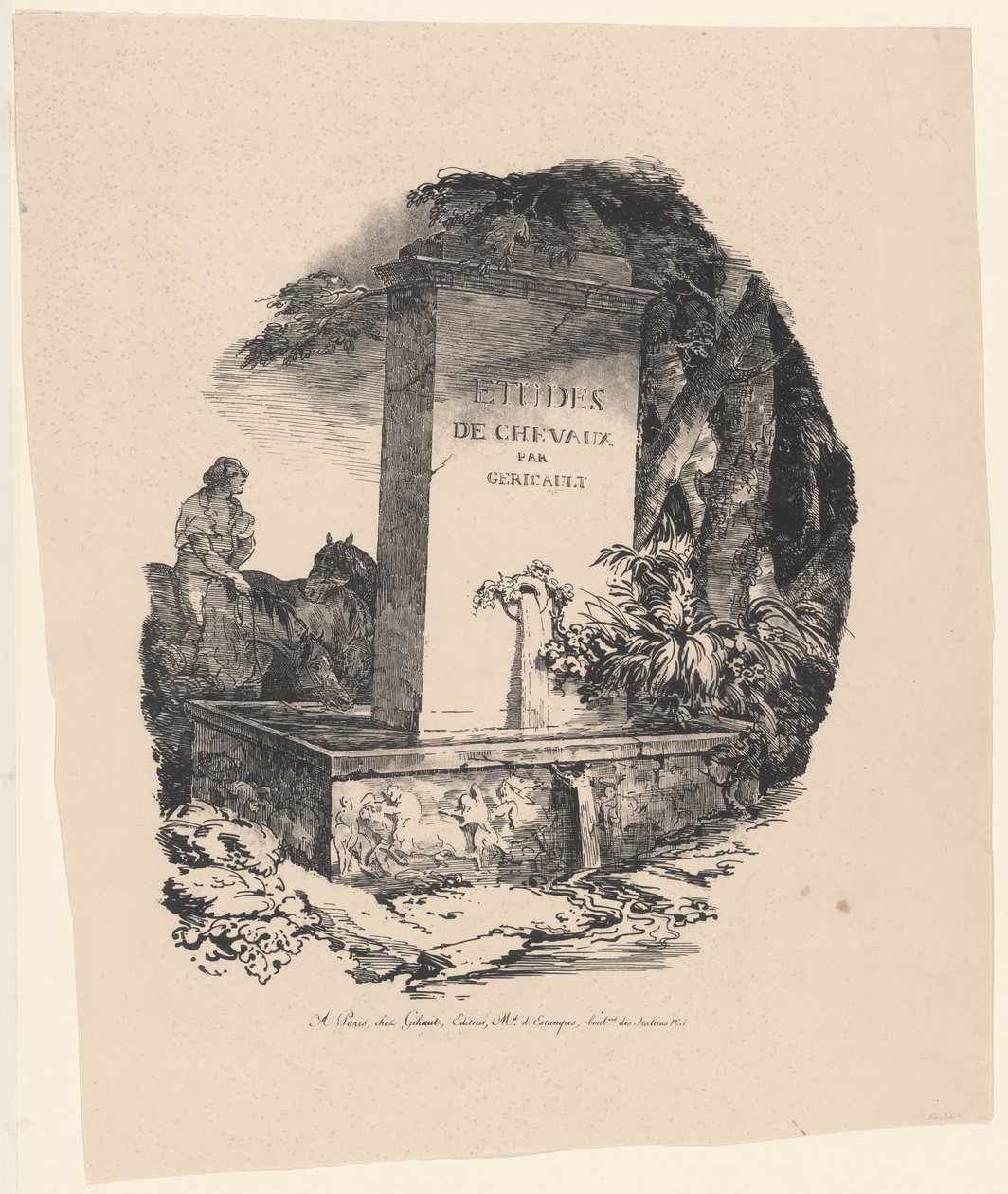 ”L’Abreuvoir”, titelsidan till ”Grands chevaux – études de chevaux” (”The Watering Trough”, titelsidan till ”Studies of Horses” eller ”The Large Horses”) av Theodore Gericault