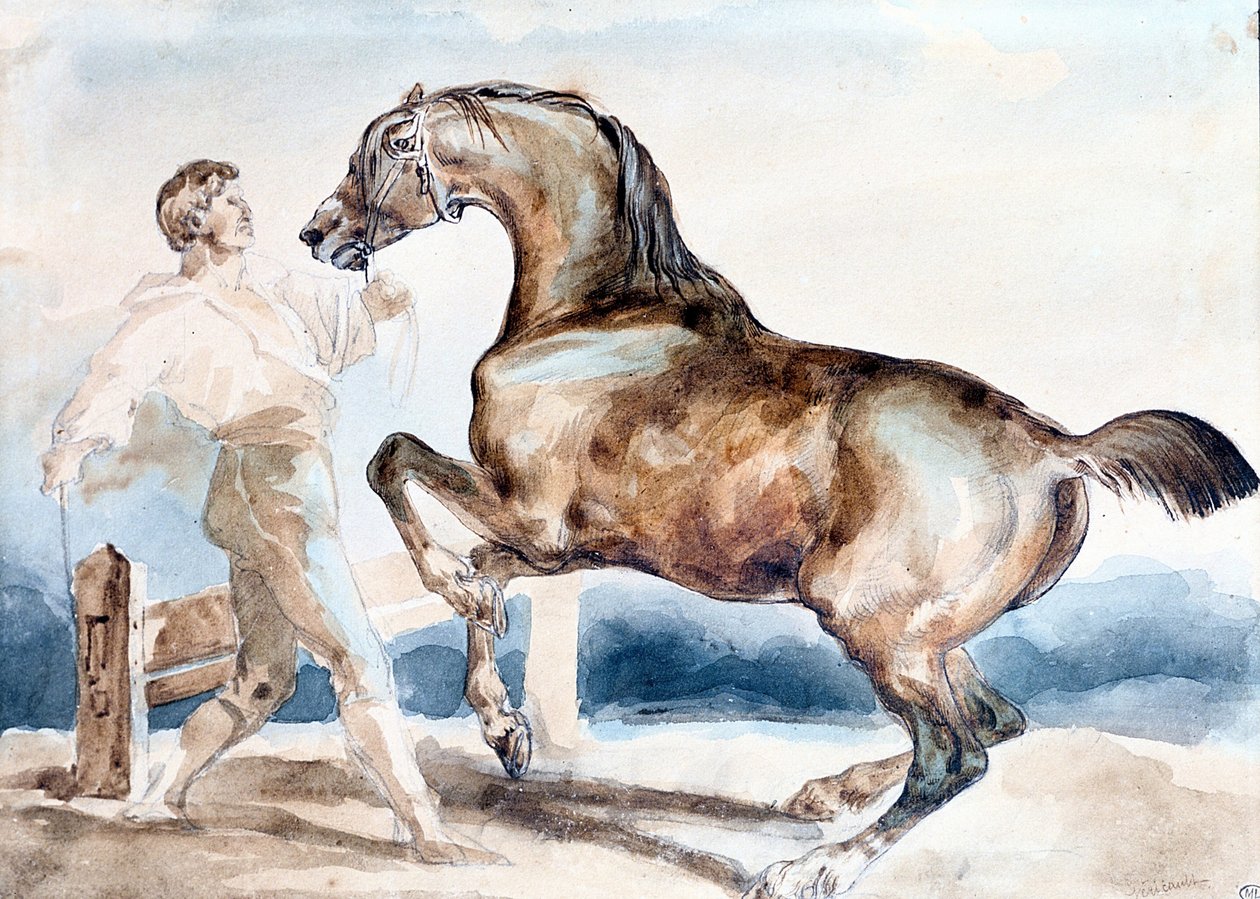 Le Dressage" Man som tränar (rider) en häst av Theodore Gericault