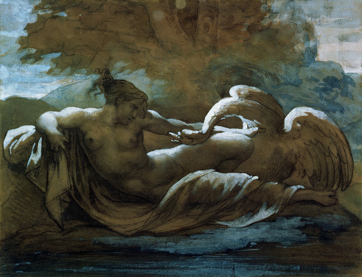 Leda och svanen (svart krita och akvarell) av Theodore Gericault