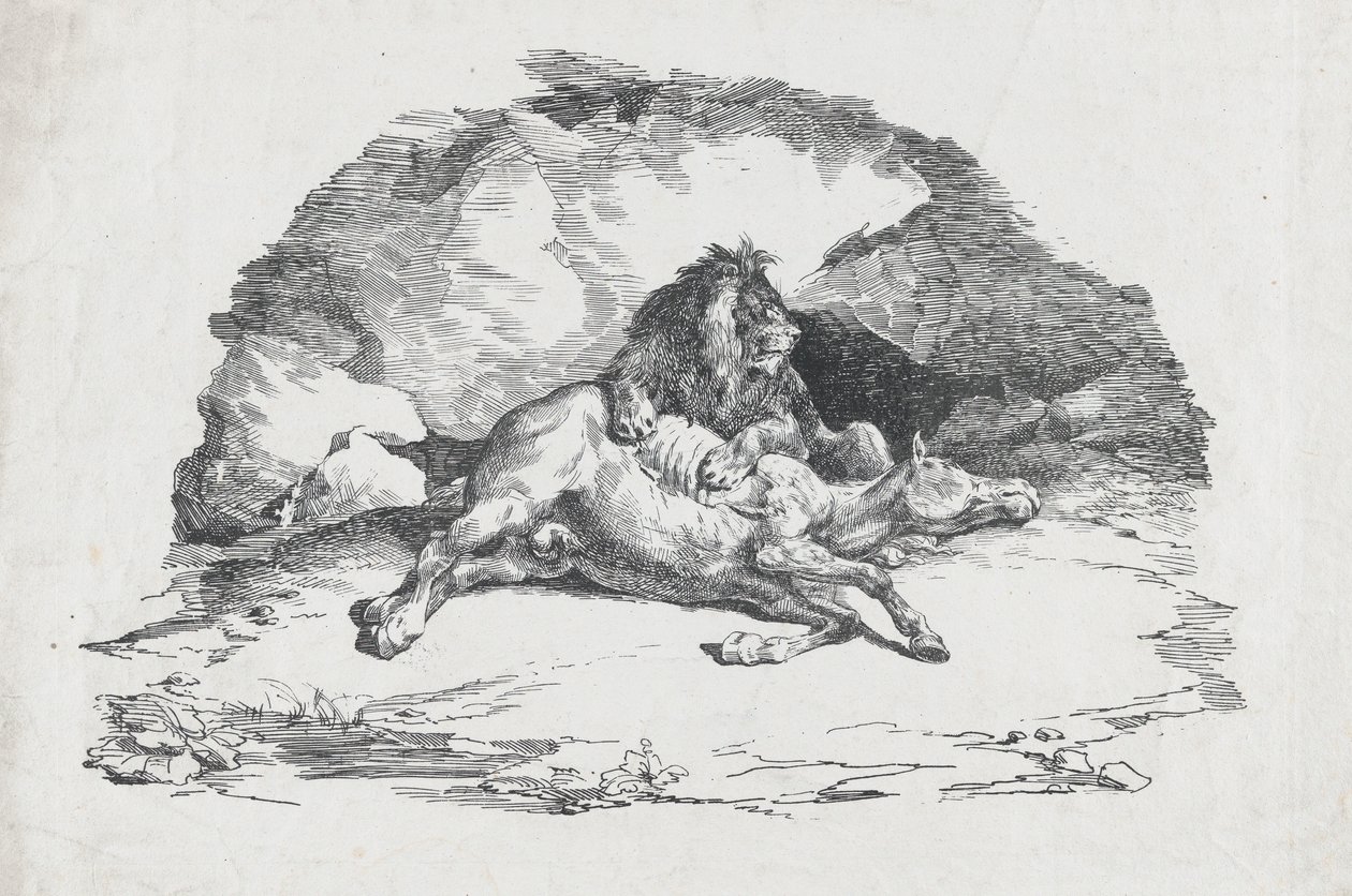 Lejon som slukar en häst, 1818. av Theodore Gericault