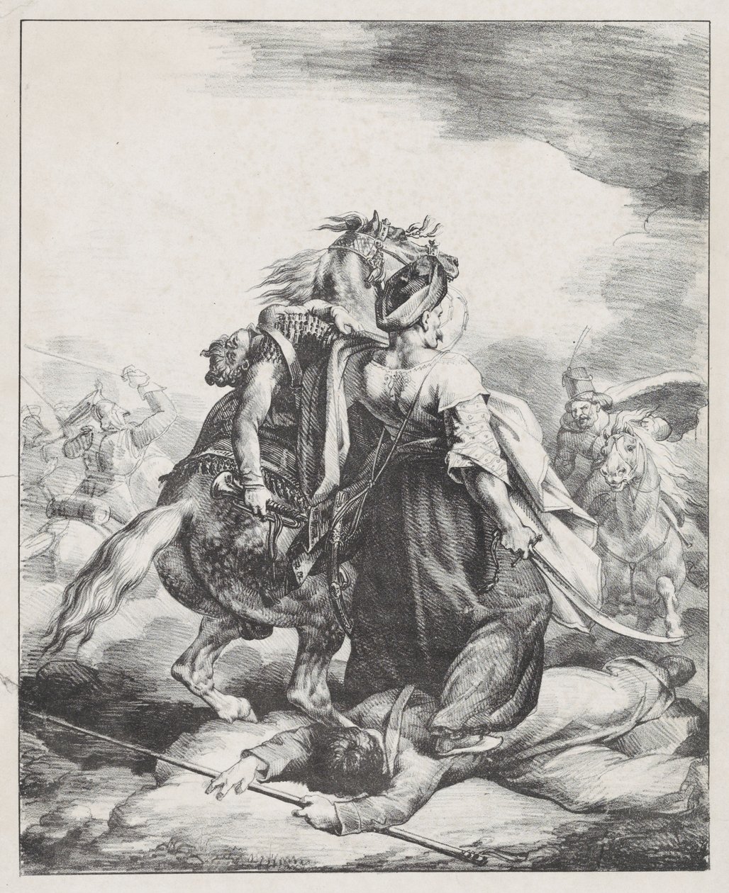 En mamluk från den kejserliga gardet som försvarar en sårad trumpetare mot en kosack (En egyptisk mamluk som försvarar en sårad fransk trumpetare vid Waterloo) av Theodore Gericault