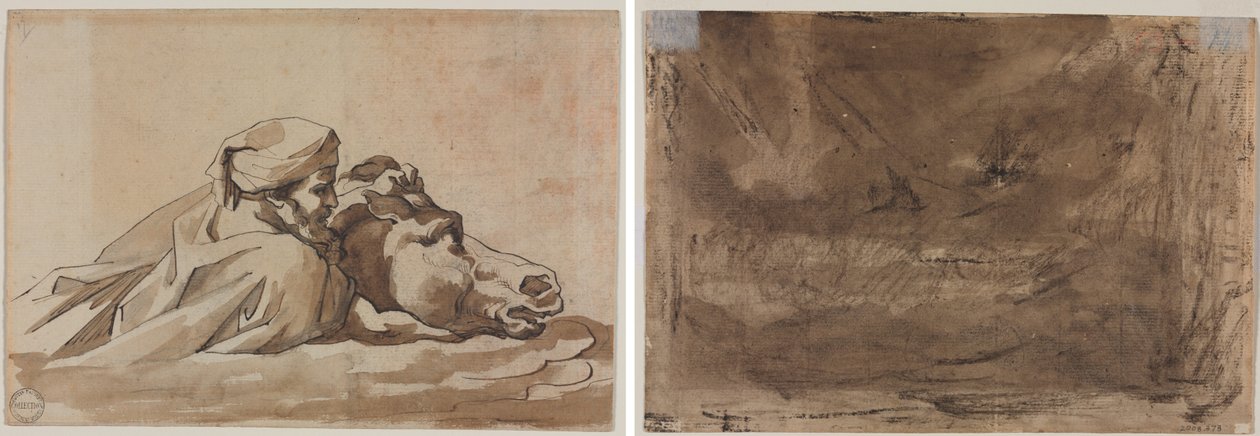 Man som greppar en häst i vatten, efter Poussins "Deluge" (recto); Kompositionsstudie? (möjligen för "Poussin