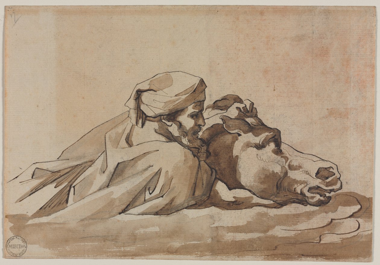 Man som håller i en häst i vatten, efter Poussins "Syndafloden" (recto), ca 1816 (penna och brunt bläck samt pensel och brun lavering över grafit) av Theodore Gericault