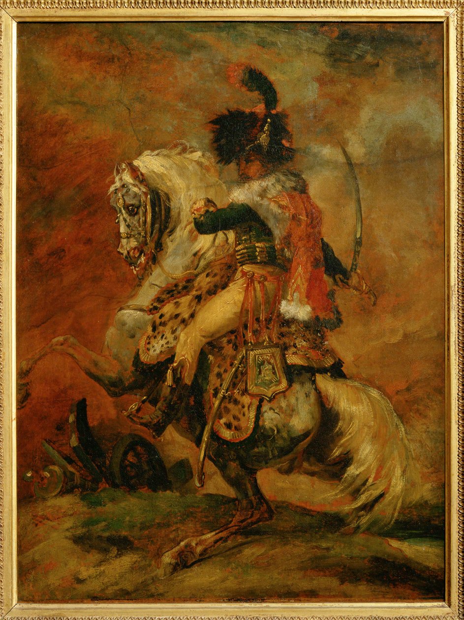 Officer i Chasseurs a Cheval i Garde Imperiale, laddar. Salong 1812 ... av Theodore Gericault