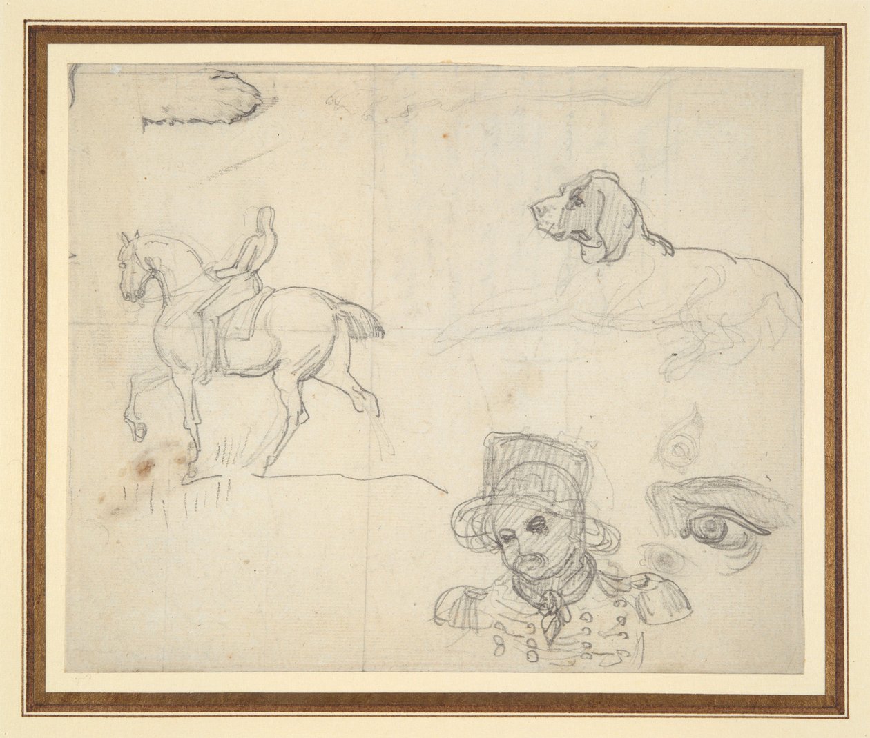 Sida med skisser (ryttare, hund, soldathuvud) av Theodore Gericault