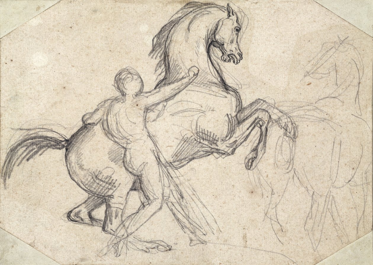 Uppfödningshingst som hålls av en naken man av Theodore Gericault