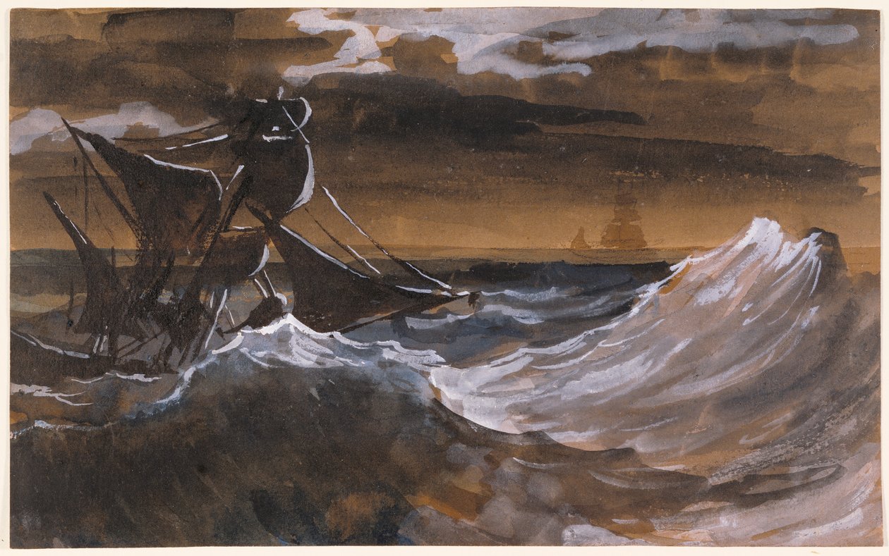 Sailboat on a Raging Sea, ca 1818-9 (pensel och brun tvätt, akvarell över svart krita) av Theodore Gericault