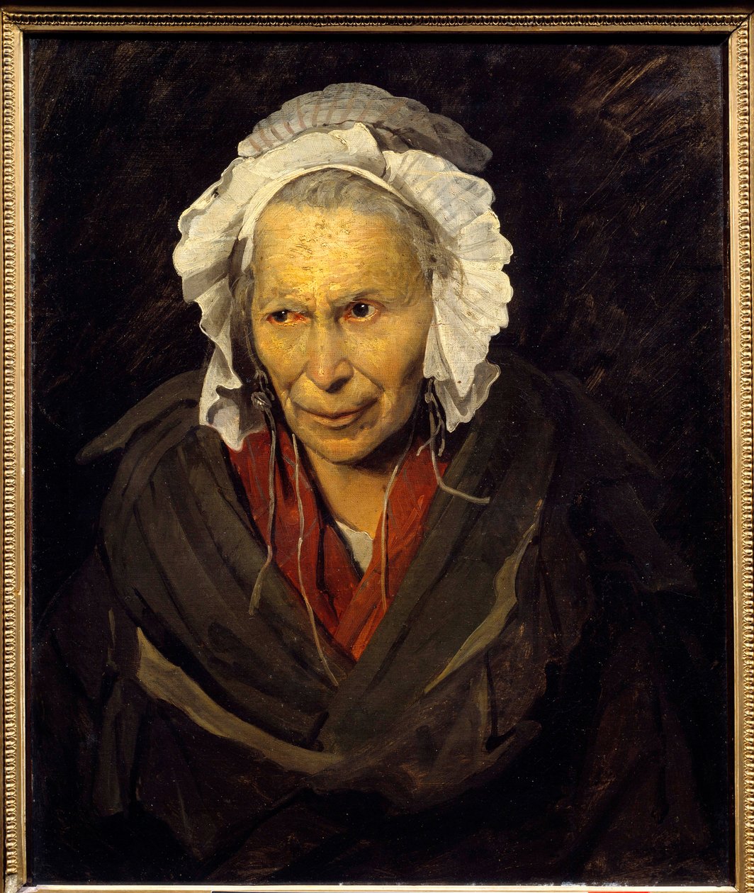 Salpetriere hyene eller monoman av avundsjuka Porträtt av en gammal kvinna som lider av psykisk sjukdom. Målning av Theodore Gericault (1791-1824) 1822 Sön. 0,72x0,58 m Lyon, musee des Beaux Arts - Salpetrieres hyena eller avundsjuka monomani. Porträtt av  av Theodore Gericault