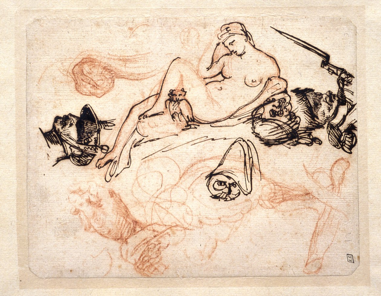 Studieblad med Michelangelos "Natt", en grenadjär och andra skisser av Theodore Gericault