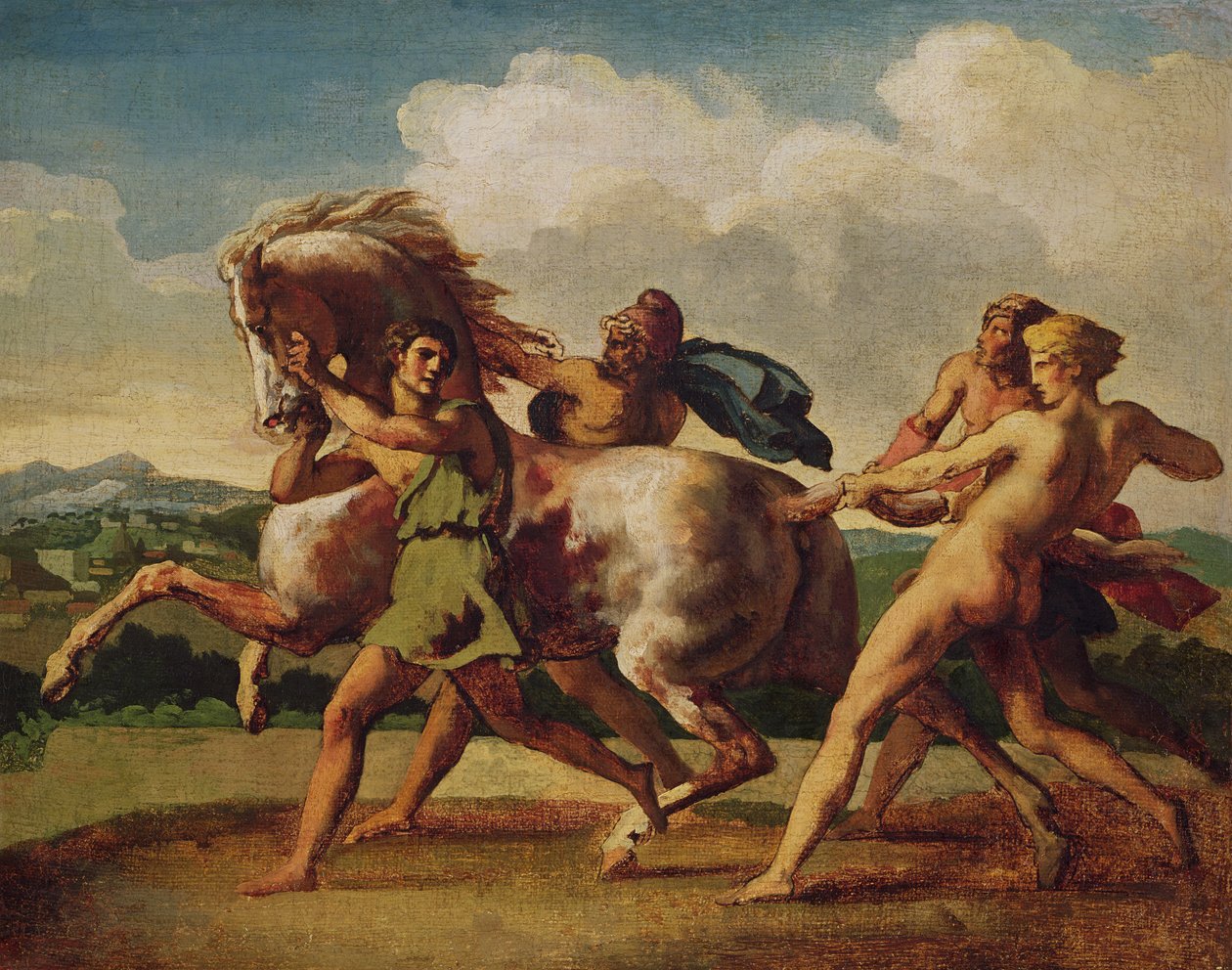 Slavar som stoppar en häst, studerar för "The Race of the Barbarian Horses", 1817 av Theodore Gericault