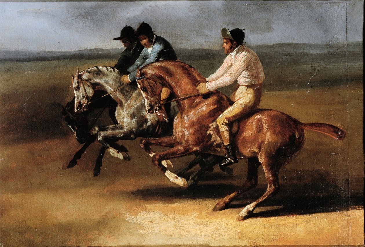 Start av hästkapplöpningen med ryttare (Olja på duk av Theodore Gericault