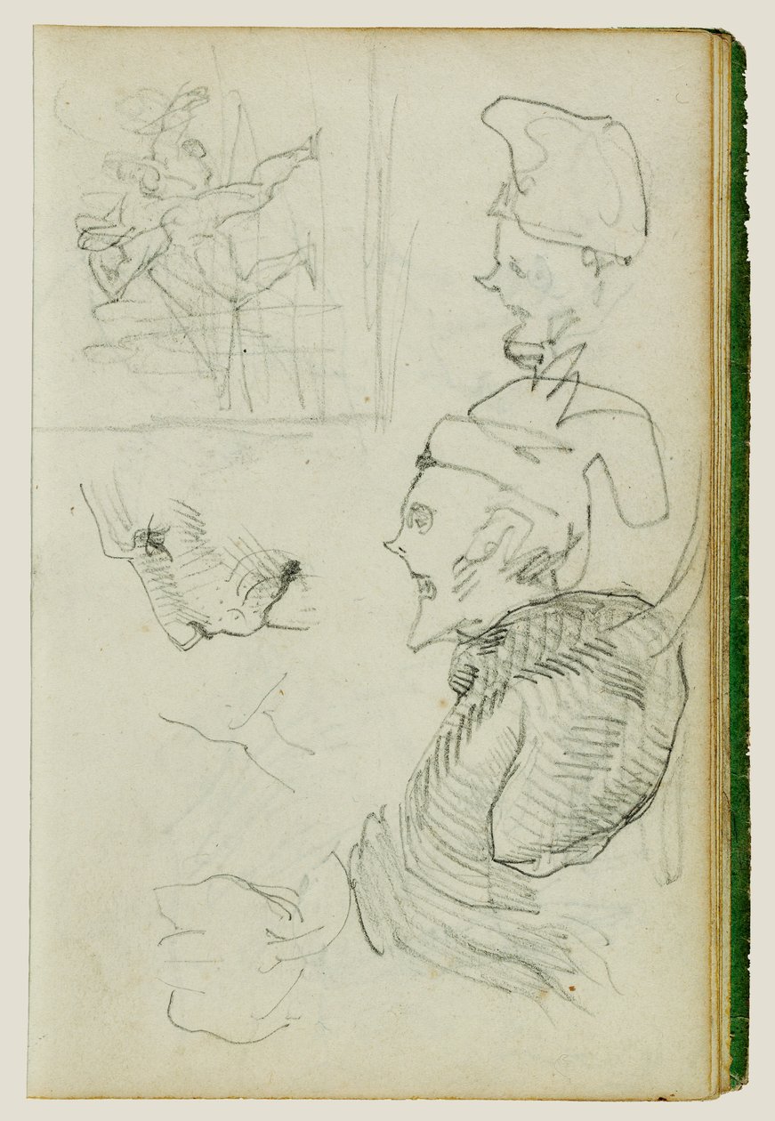 Studier av lejon, kompositionell gruppstudie av figur, två karikatyrstudier av huvud av Theodore Gericault
