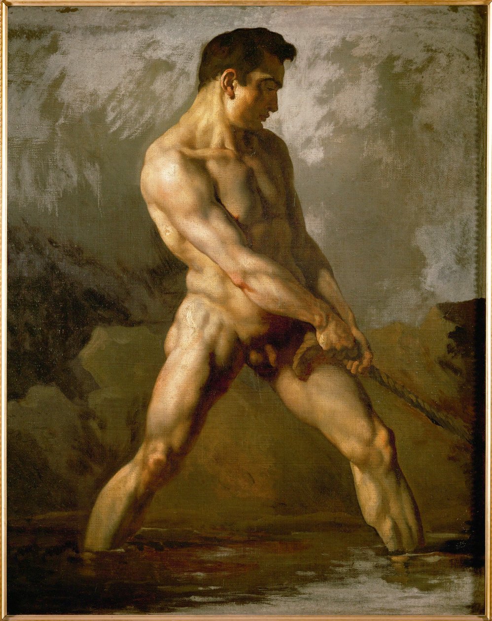 Studie av en manlig naken ... (olja på duk) av Theodore Gericault