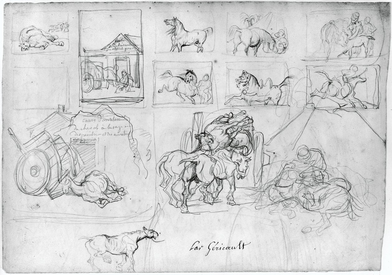 Avbildning av hästar (framsidan); En vagn med en skyltbärare i släptåg (baksidan) av Theodore Gericault