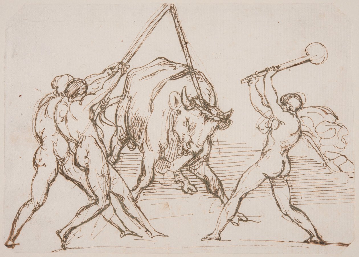 Tre män som retar en tjur av Theodore Gericault