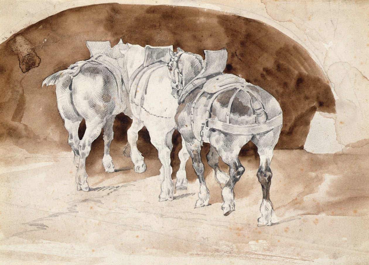 Tre tunga hästar i sele (penna- och sepiatvätt) av Theodore Gericault