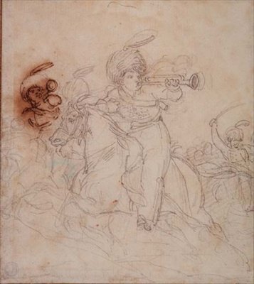 Trumpetare låter laddningen (penna, penna och brunt bläck) av Theodore Gericault