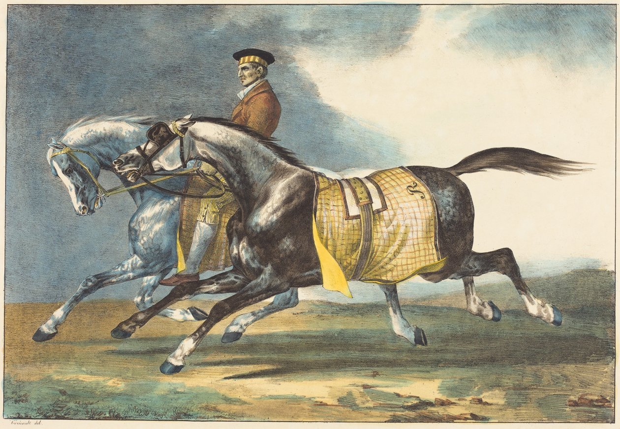 Två äppelskimmelhästar under motion av Theodore Gericault