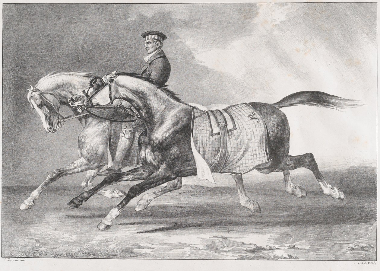 Två gråspräckliga hästar som motioneras av Theodore Gericault