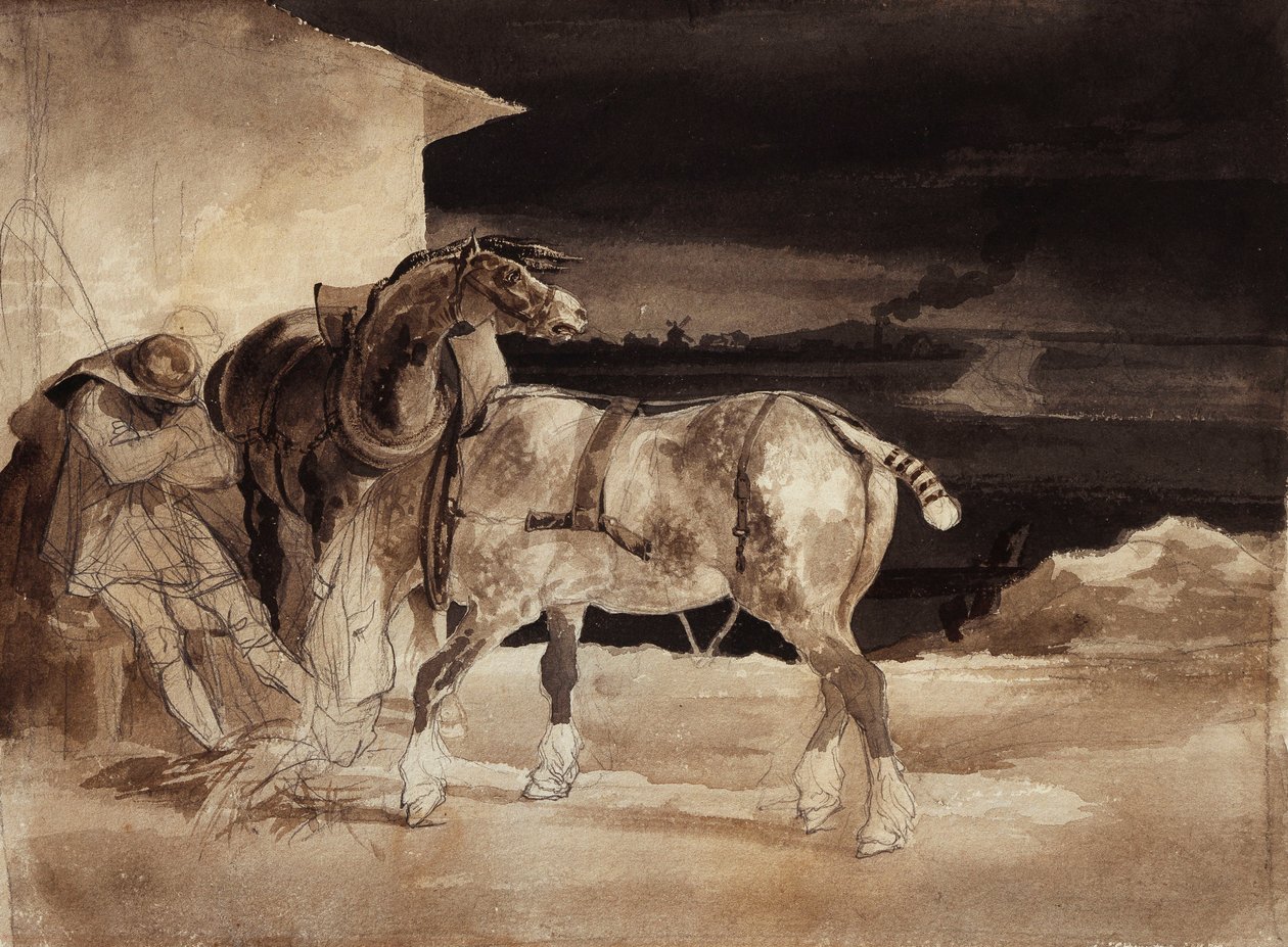 Två hästar och en sovande brudgum, ca 1822-1823 av Theodore Gericault