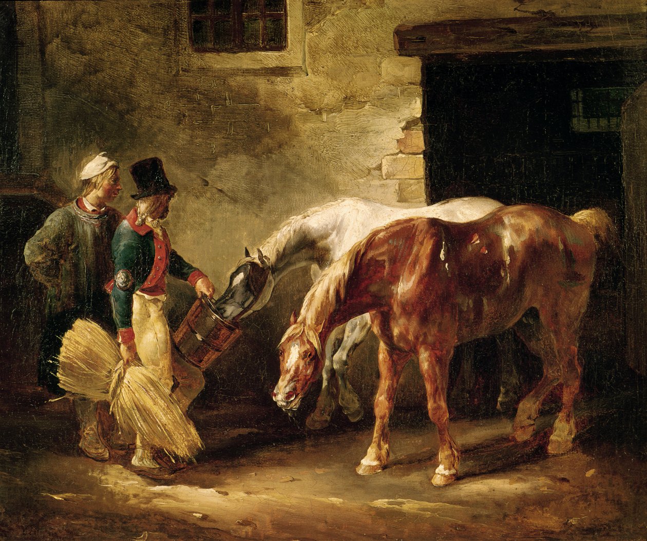 Två stolphästar vid dörren till ett stall av Theodore Gericault