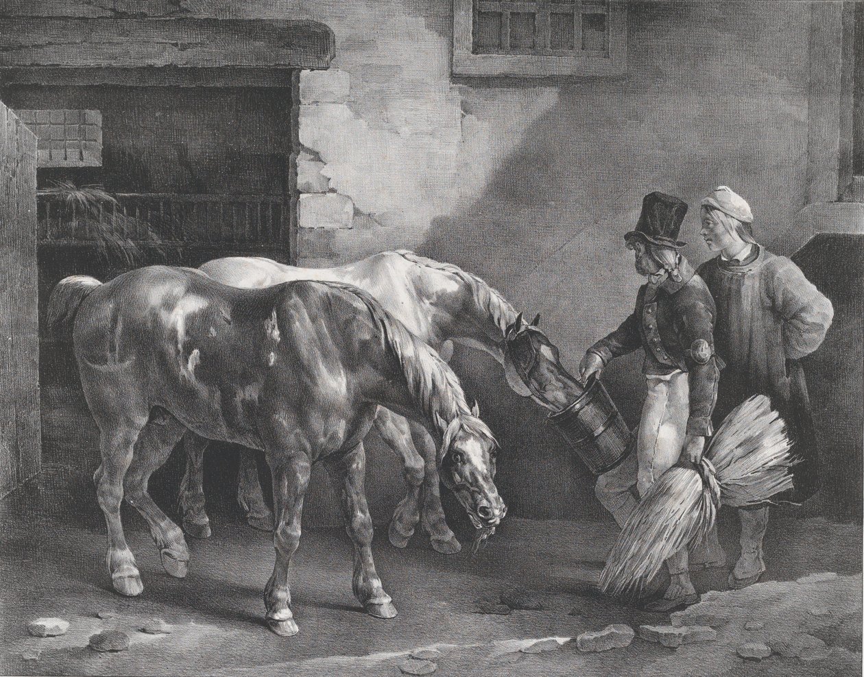 Två stolphästar vid dörren till ett stall, 1822. av Theodore Gericault