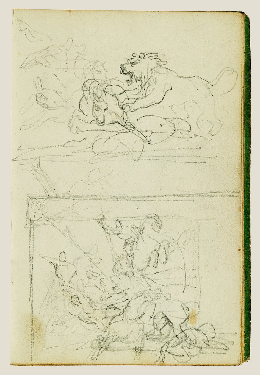Två kompositionsstudier av en lejonjakt av Theodore Gericault