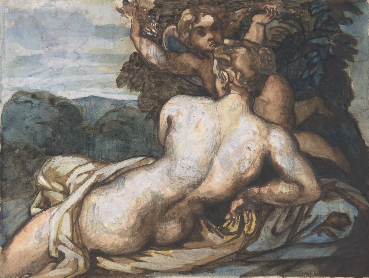 Venus och Amor i ett landskap, efter Annibale Carracci recto, 1816-17. av Theodore Gericault