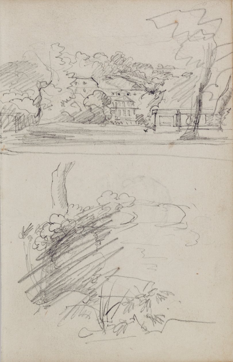 Utsikt över ett lanthus samt studier av buskar och lövverk av Theodore Gericault