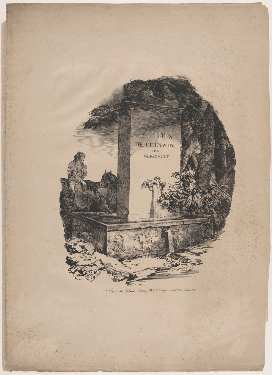 Vattentråg, titelsidan till ”Studier av hästar” (Études de Chevaux) av Theodore Gericault