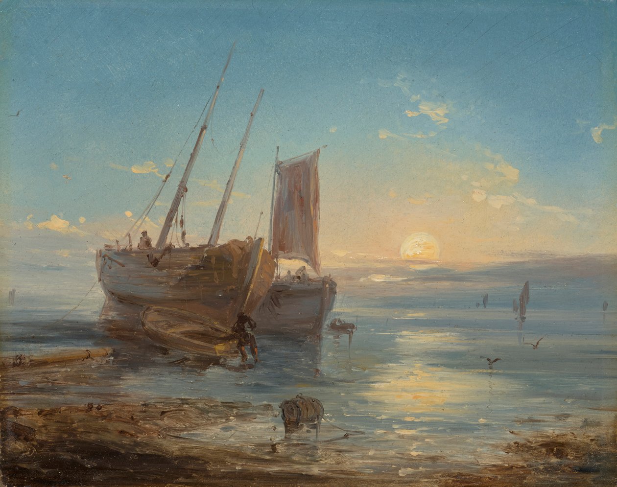 Båtar på stranden vid lågvatten av Theodore Gudin