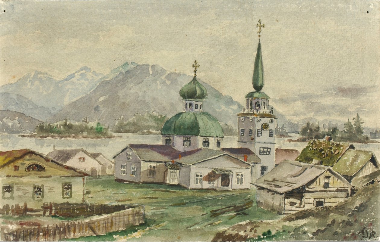 Bakifrån av den grekiska kyrkan, Sitka, 1888. av Theodore J. Richardson