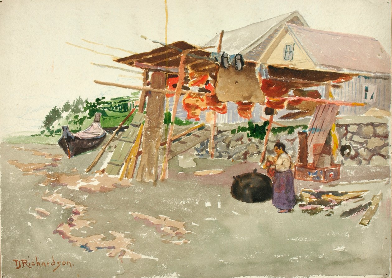 Laxtorkning, Indian Village, Alaska, ca. 1880-1914. av Theodore J. Richardson