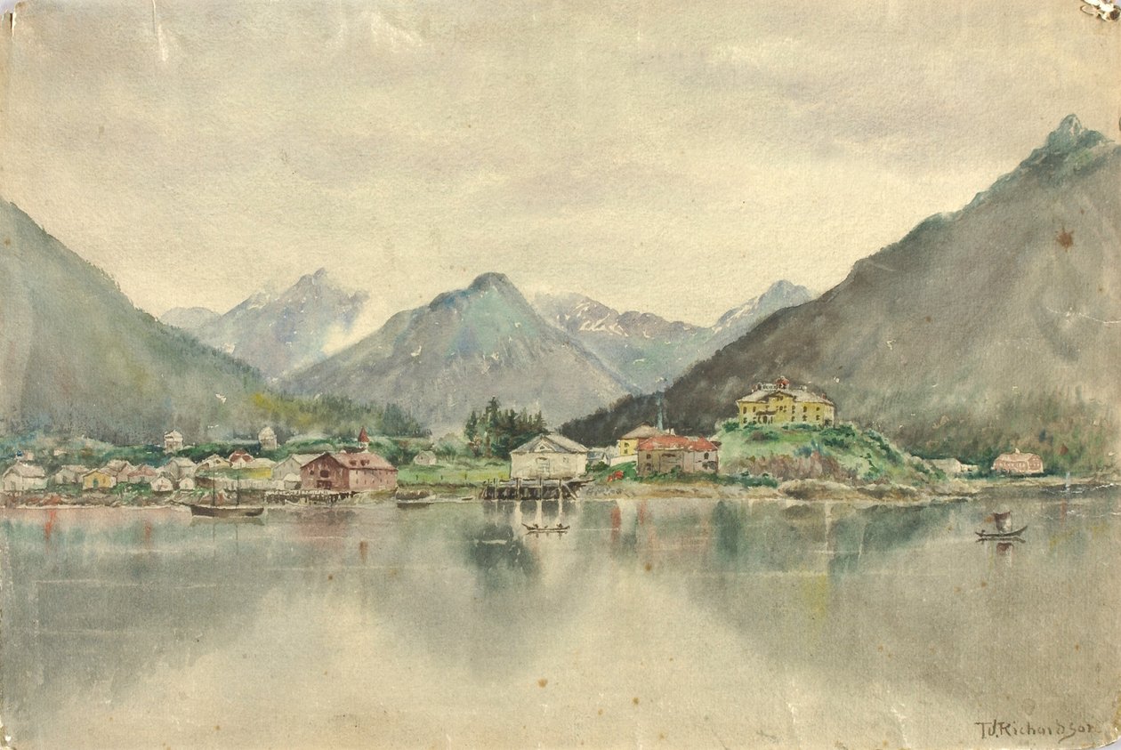 Sitka från öarna, med det ryska slottet, 1888 av Theodore J. Richardson