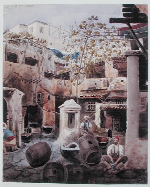 A Dyeworks, Rue du Divan, Alger. c.1835 (akvarell på papper) av Theodore Leblanc
