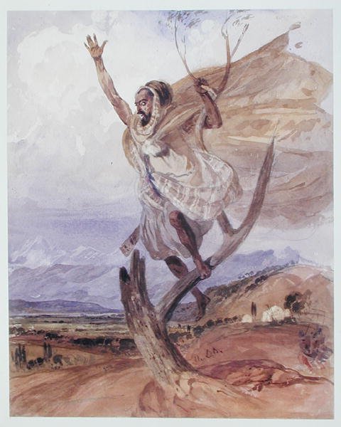 En arabisk som håller vakt i ett träd, Algeriet (akvarell på papper) av Theodore Leblanc