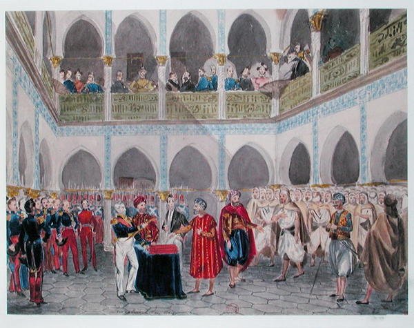 Investiture of the Bey of Algiers av greve Bertrand Clausel (1772-1842) 1835 (akvarell på papper) av Theodore Leblanc